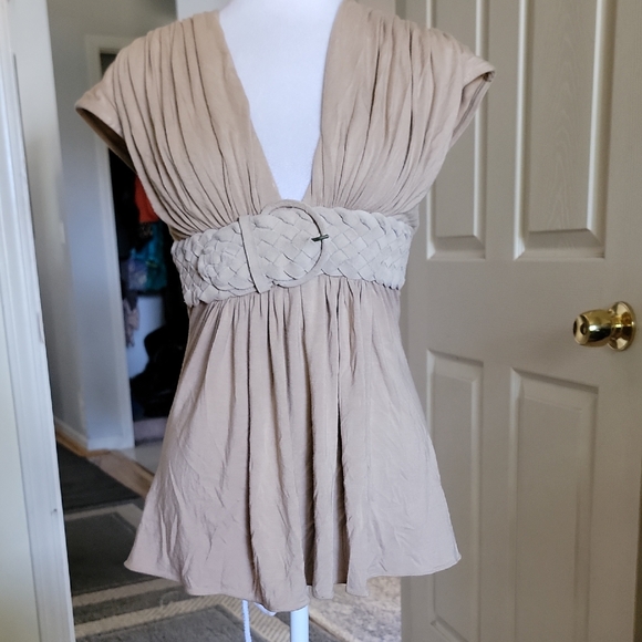 Sky Elegant Tan Women's Top with Belted Waist - Picture 1 of 8
